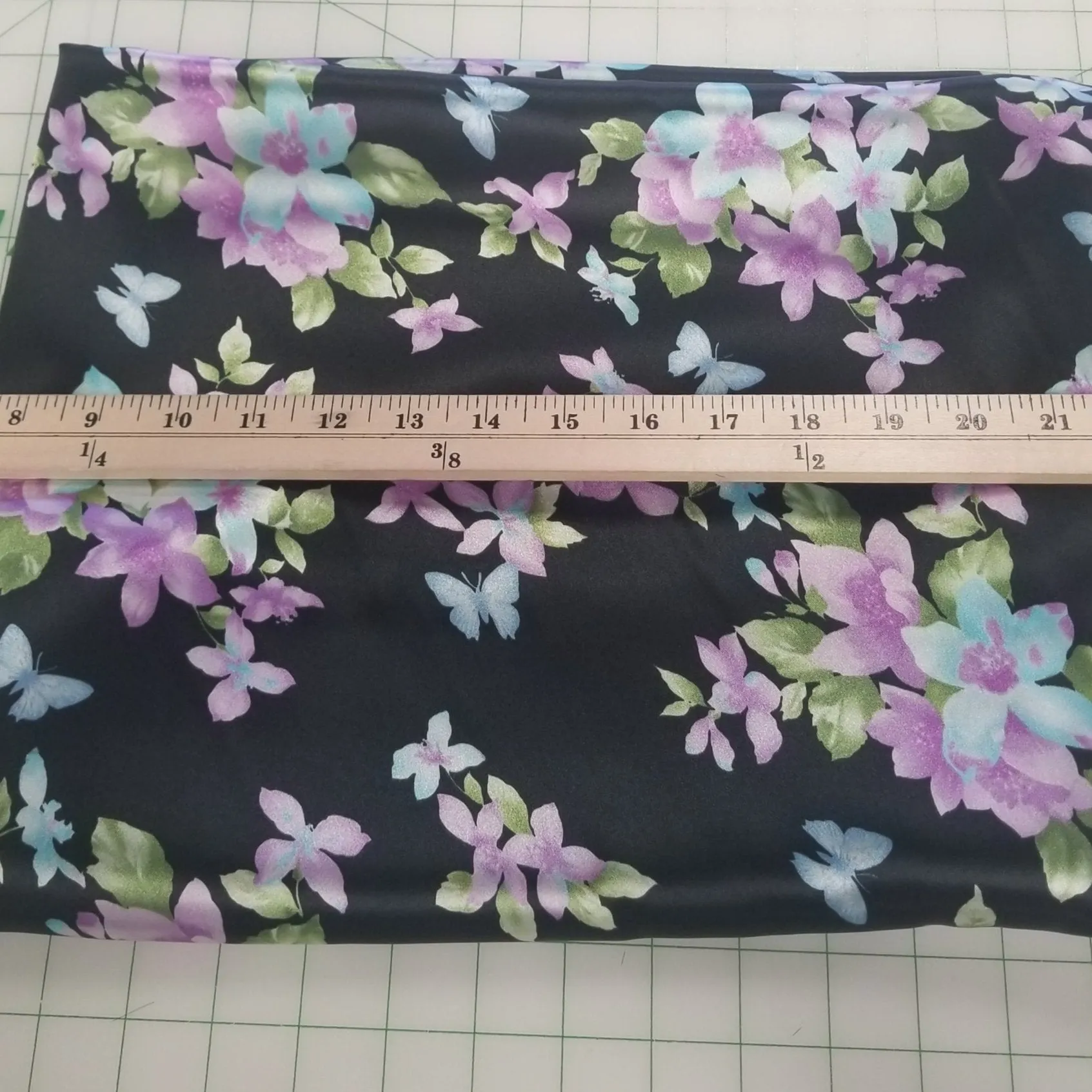 End of Bolt: 1-3/4th yards of Black Floral and Butterflies Satin Charmeuse Woven- Remnant (Copy)