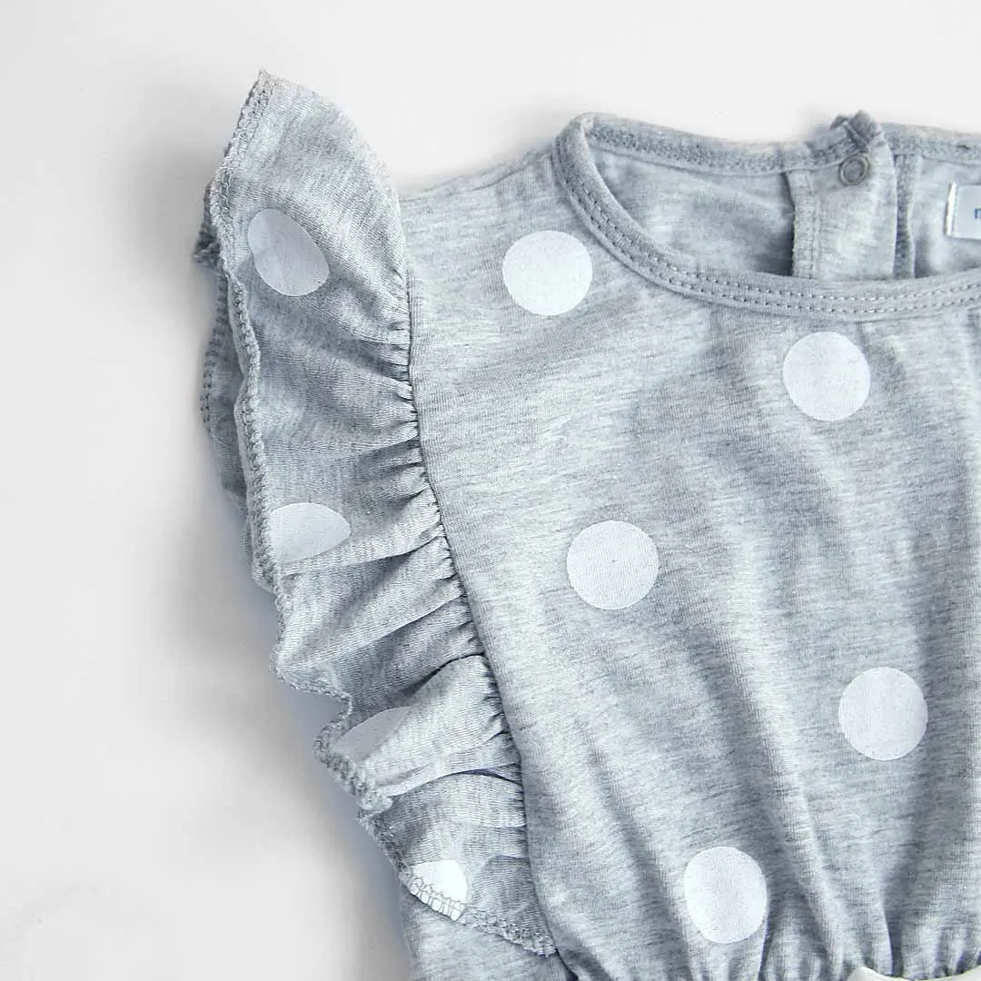 Fashion Allover Polka Dots Printed Soft Cotton Grey Frill Jumpsuit