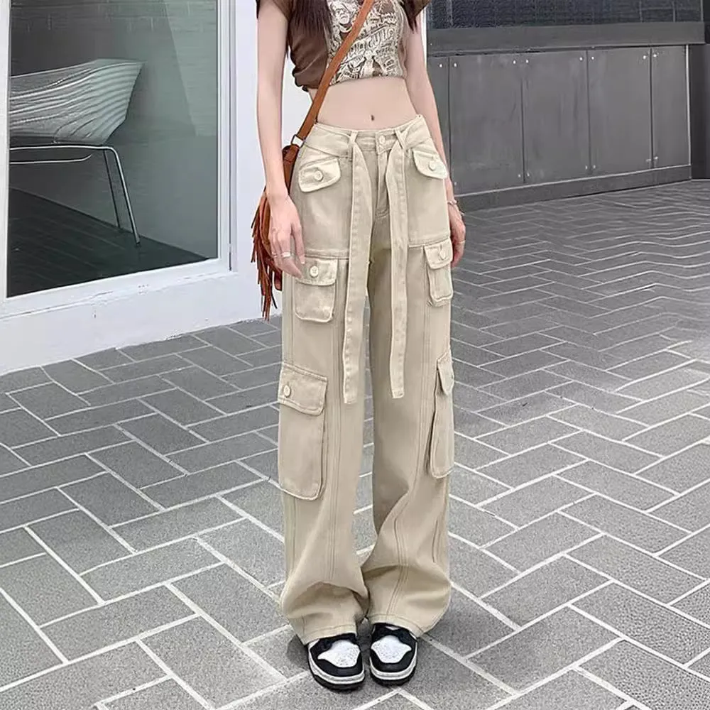 Fashionkova shamar 2024 New American Retro Multi-Pocket Distressed Overalls Women's Pull Cool Street Loose Slimming Straight Trousers Fashion