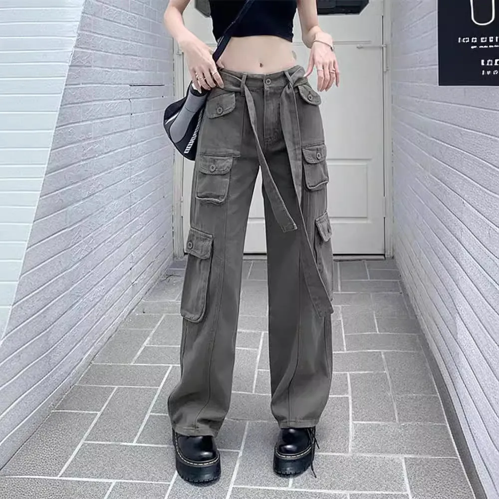 Fashionkova shamar 2024 New American Retro Multi-Pocket Distressed Overalls Women's Pull Cool Street Loose Slimming Straight Trousers Fashion