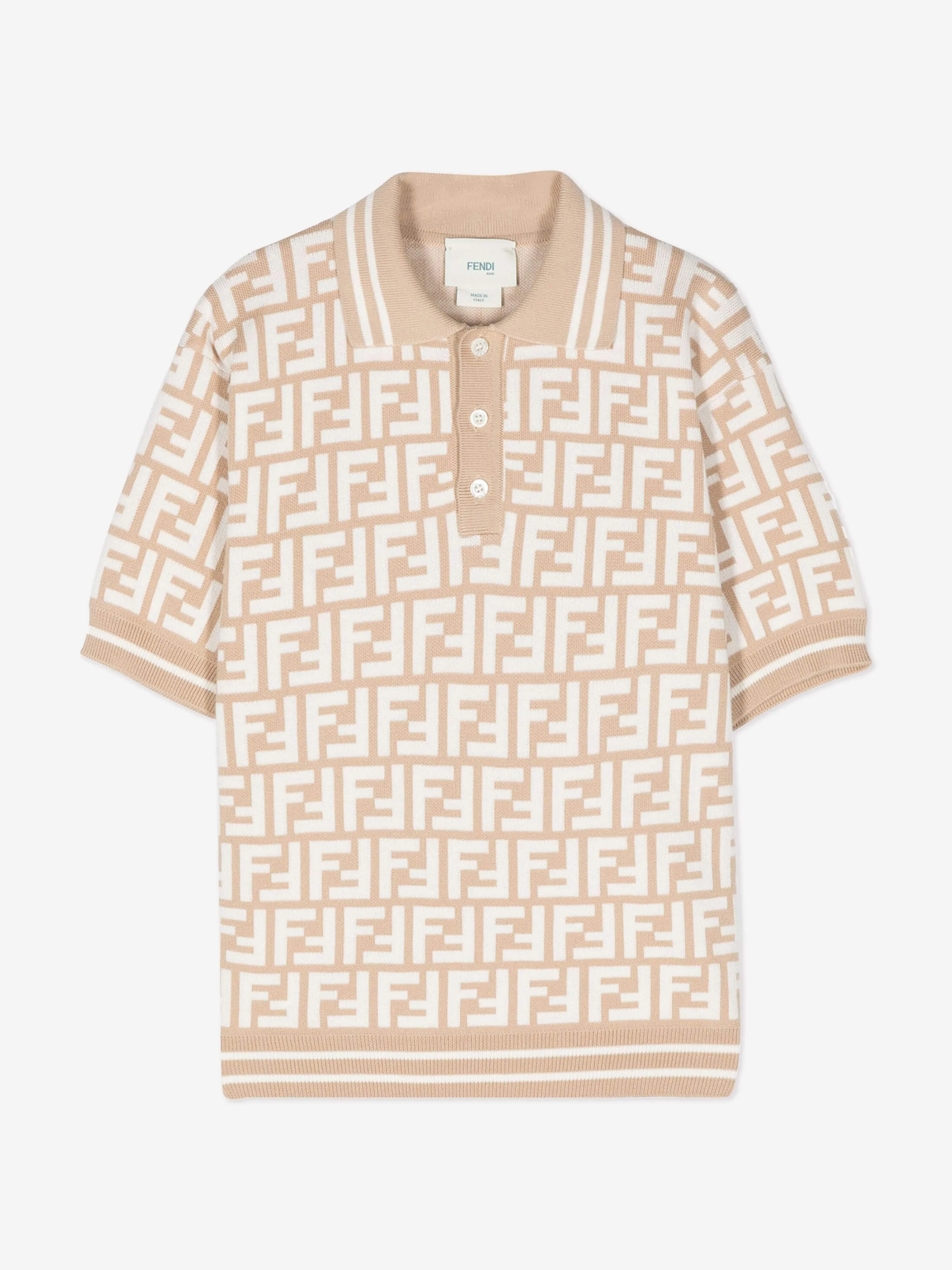 Fendi Boys FF Knit Polo Shirt in Beige