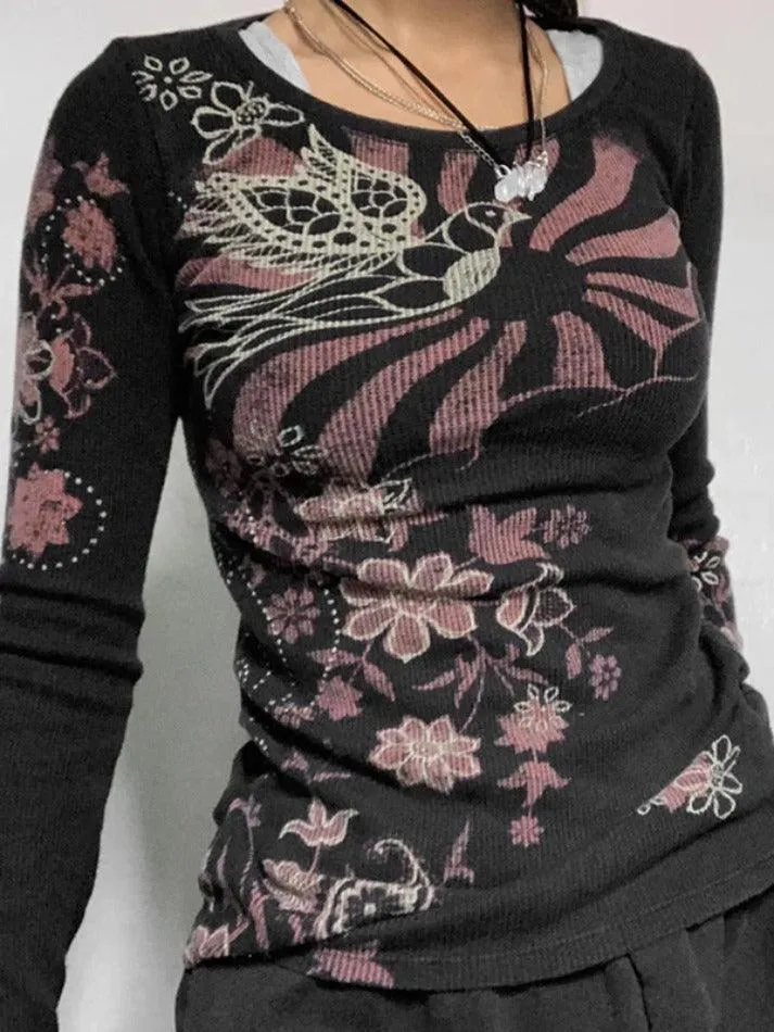 Floral Print Ribbed Slim Long Sleeve Knit