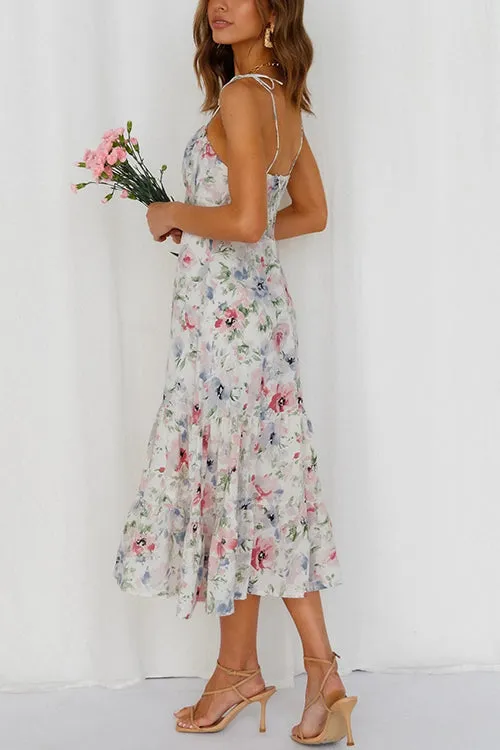 Floral Tie Straps Ruffles Midi Dress