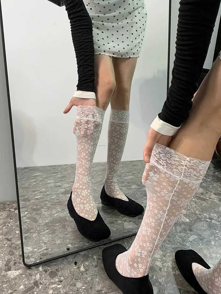 French Elegance Lace Mesh Floral Knee-High Socks