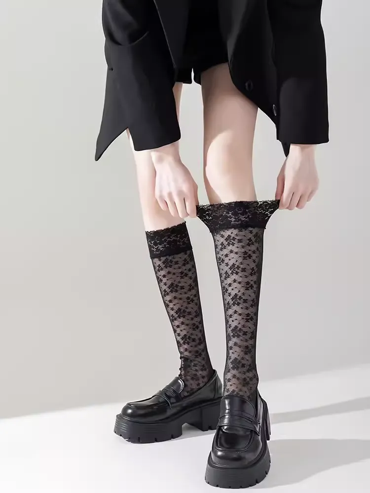 French Elegance Lace Mesh Floral Knee-High Socks