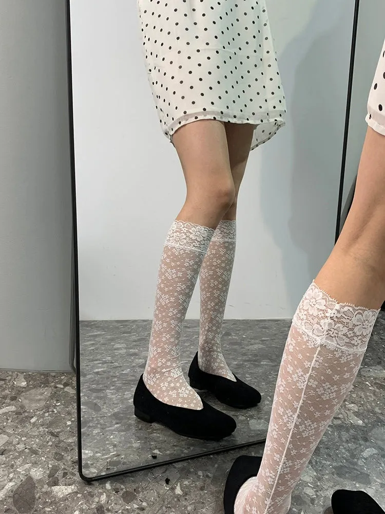 French Elegance Lace Mesh Floral Knee-High Socks