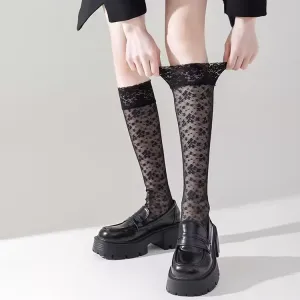 French Elegance Lace Mesh Floral Knee-High Socks