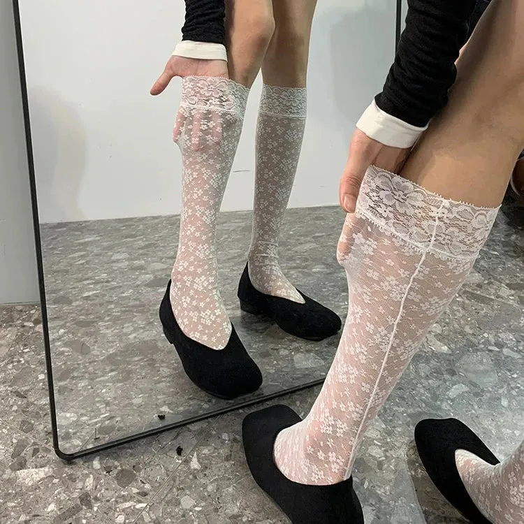 French Elegance Lace Mesh Floral Knee-High Socks