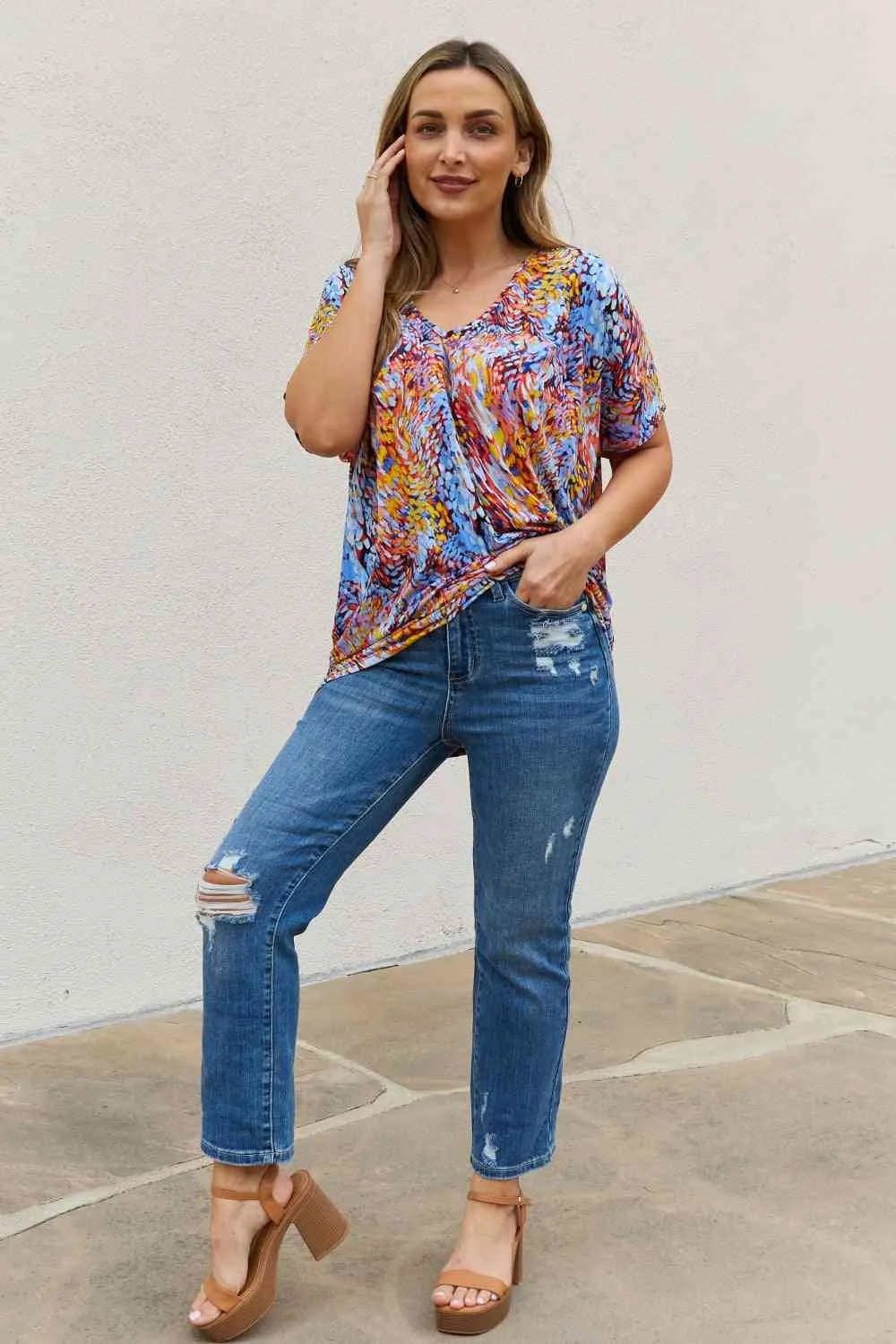 Full Size Printed Dolman Flowy Top