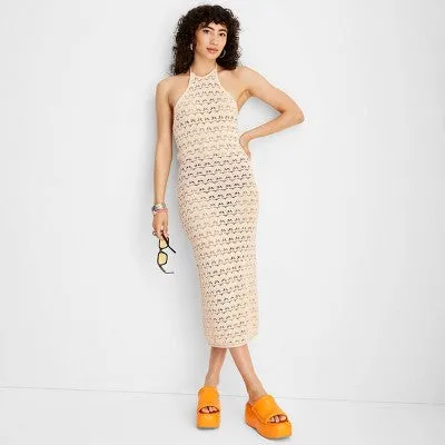 Future Collective with Alani Noelle Women's Halter Crochet Midi Sweater Dress