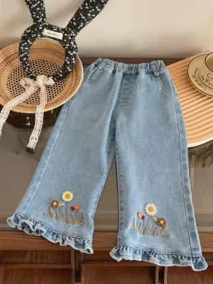 Girl's Adorable Wide-Leg Denim Jeans with Flower Embroidery