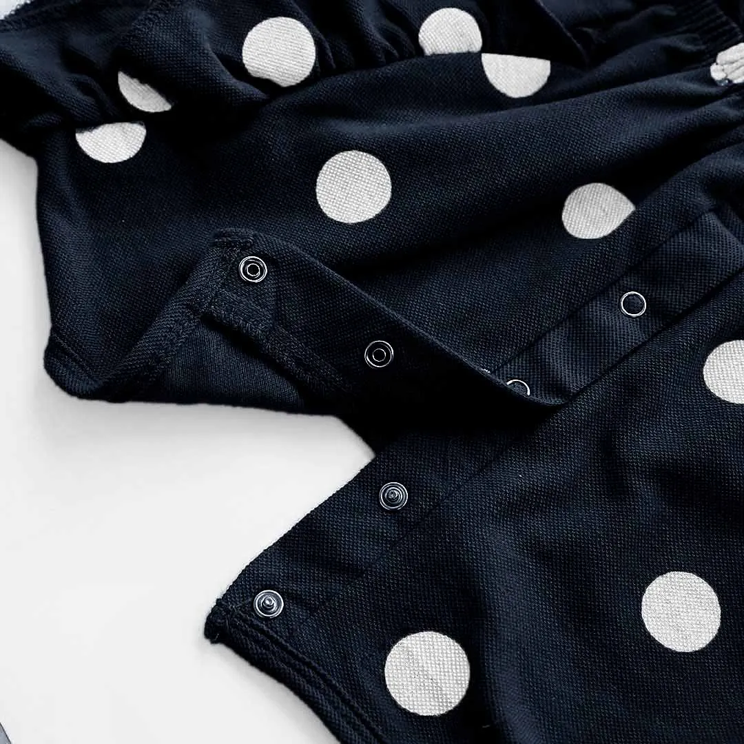 Girls Fashion All Over Polka Dots Printed Dark Navy Soft Cotton Frill Jumpsuit