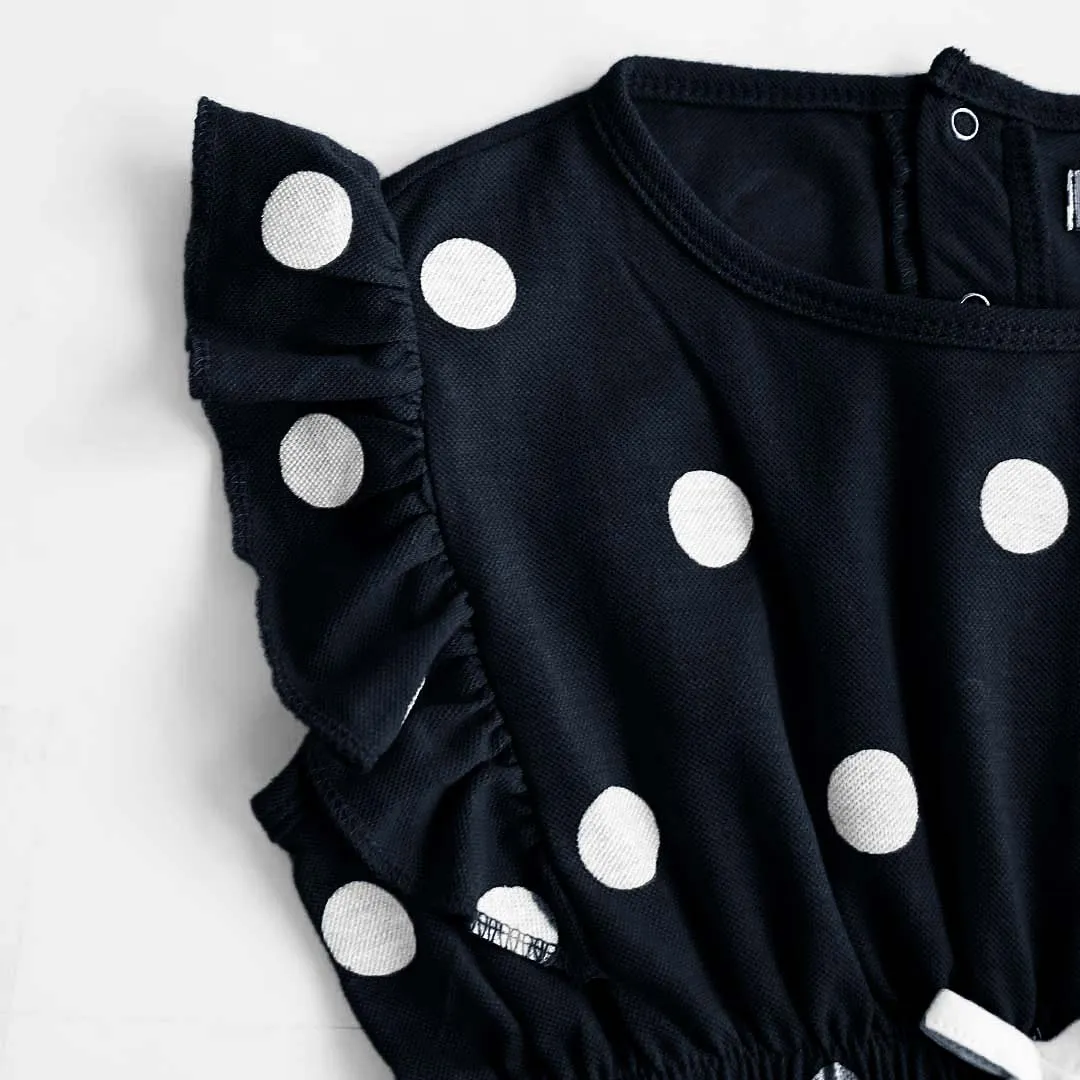 Girls Fashion All Over Polka Dots Printed Dark Navy Soft Cotton Frill Jumpsuit