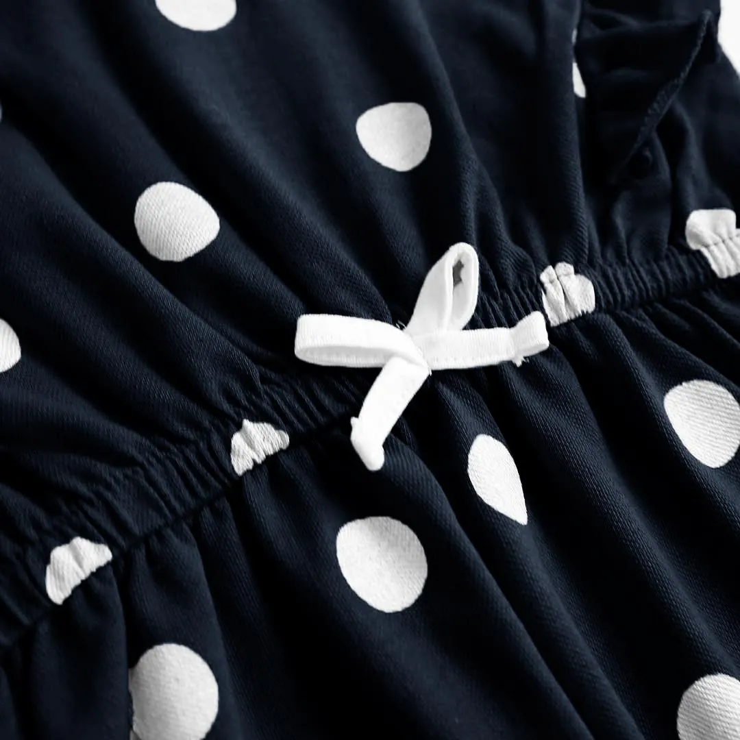 Girls Fashion All Over Polka Dots Printed Dark Navy Soft Cotton Frill Jumpsuit