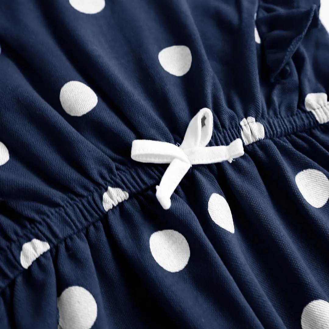 Girls Fashion All Over Polka Dots Printed Navy Soft Cotton Frill Jumpsuit