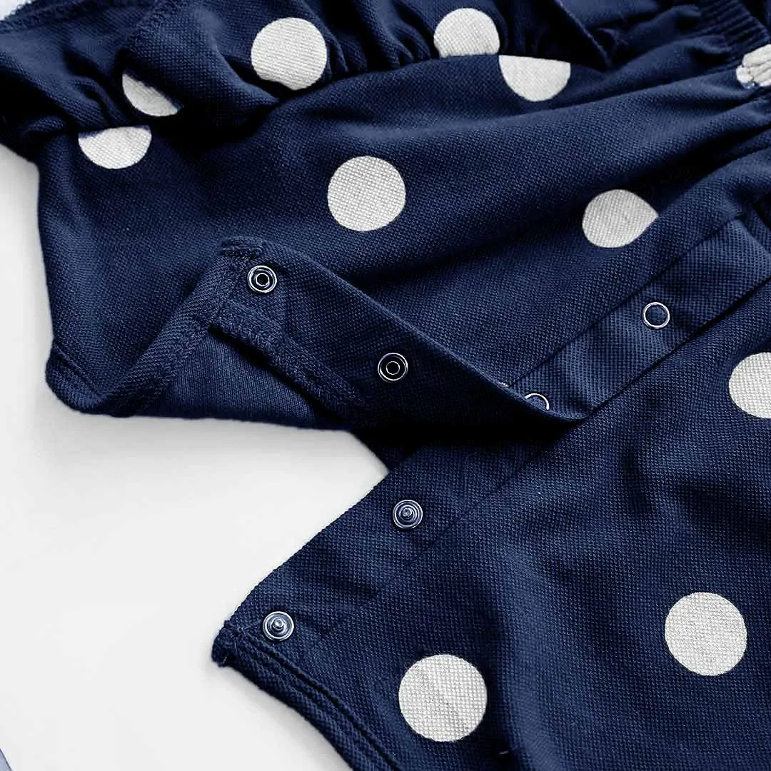 Girls Fashion All Over Polka Dots Printed Navy Soft Cotton Frill Jumpsuit