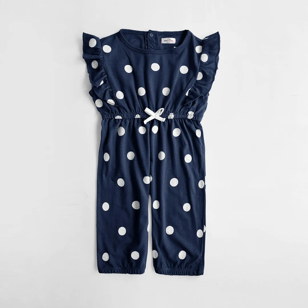 Girls Fashion All Over Polka Dots Printed Navy Soft Cotton Frill Jumpsuit