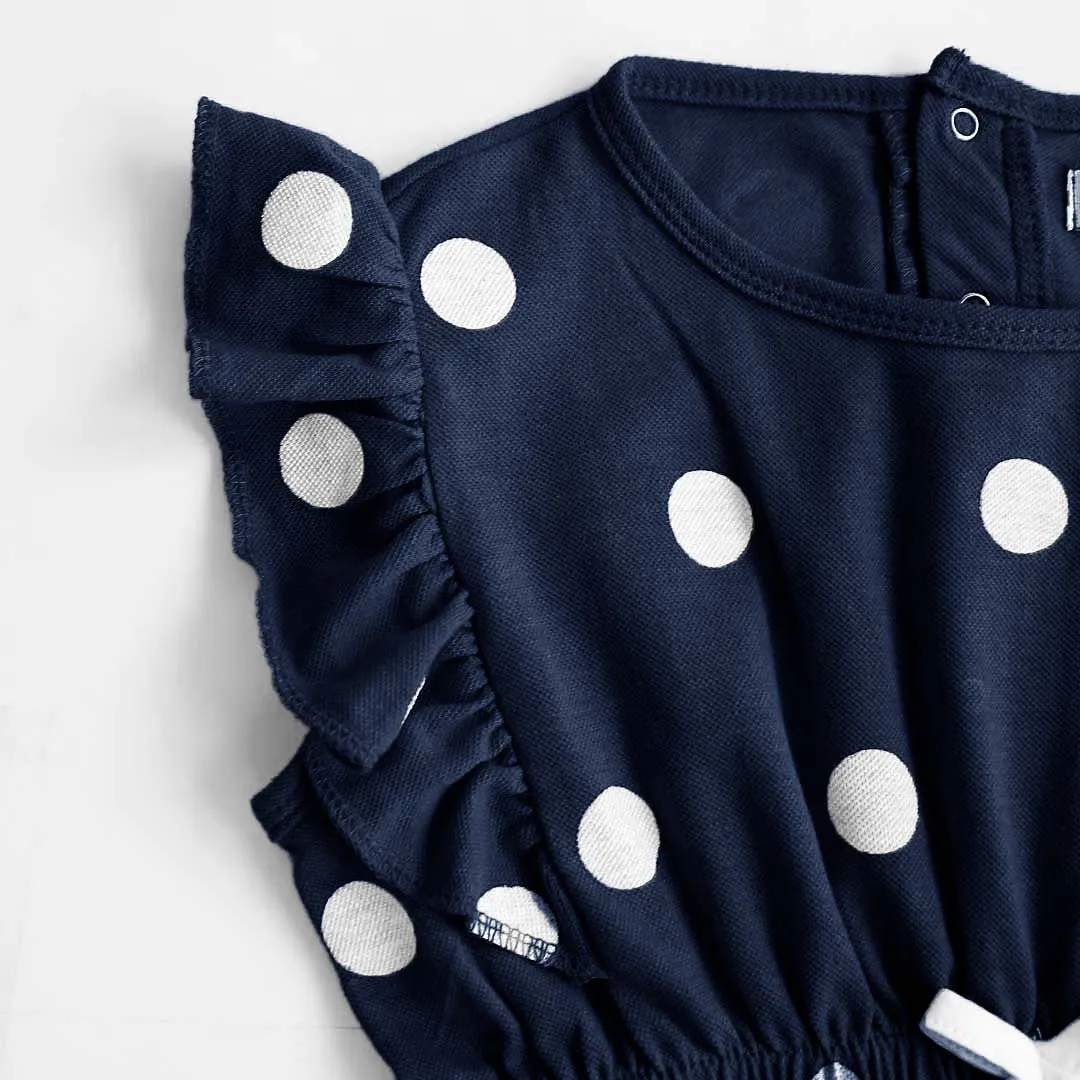 Girls Fashion All Over Polka Dots Printed Navy Soft Cotton Frill Jumpsuit