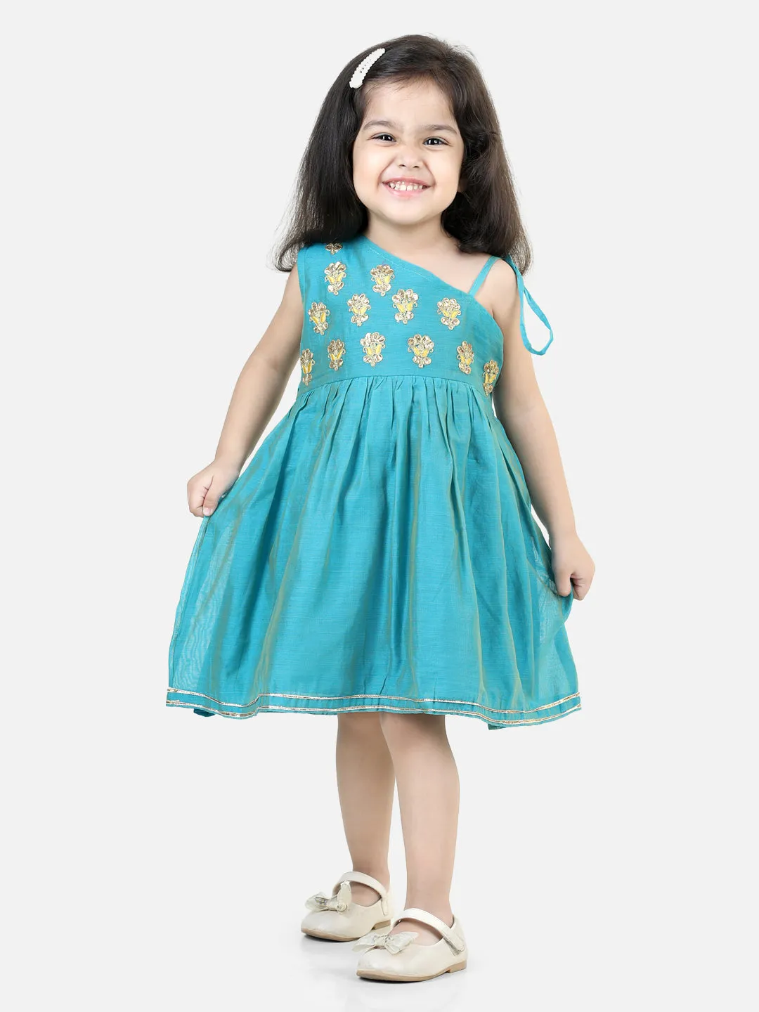 Gota Patti Embroidery Chanderi Party wear Frock and Dresses - Teal