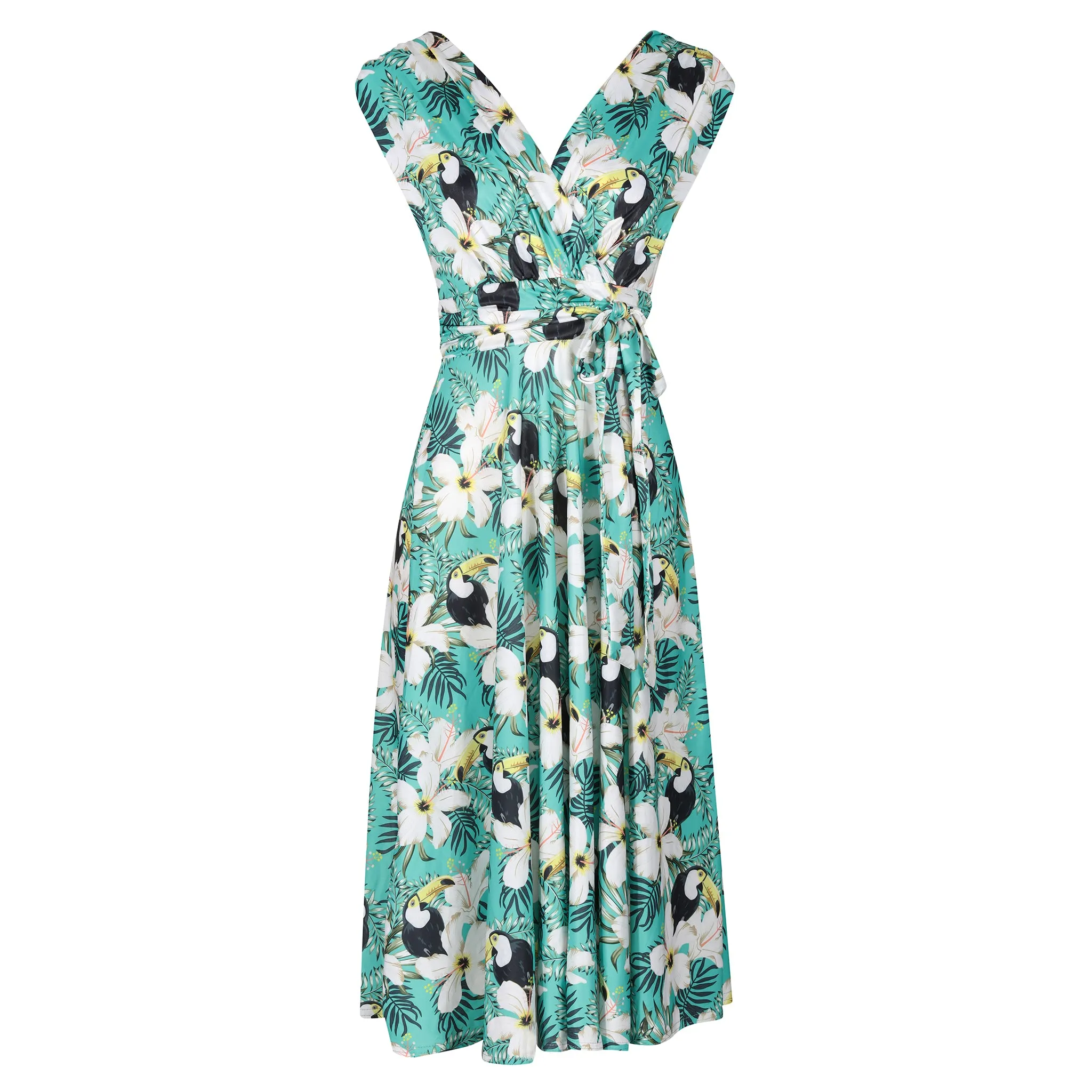 Green Floral & Toucan Print V Neck Crossover Top Empire Waist Swing Dress