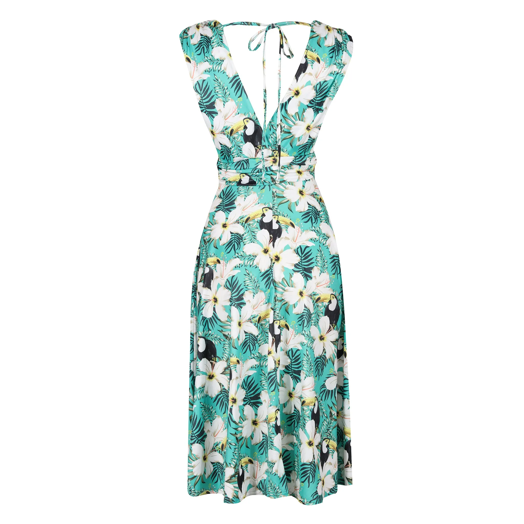 Green Floral & Toucan Print V Neck Crossover Top Empire Waist Swing Dress