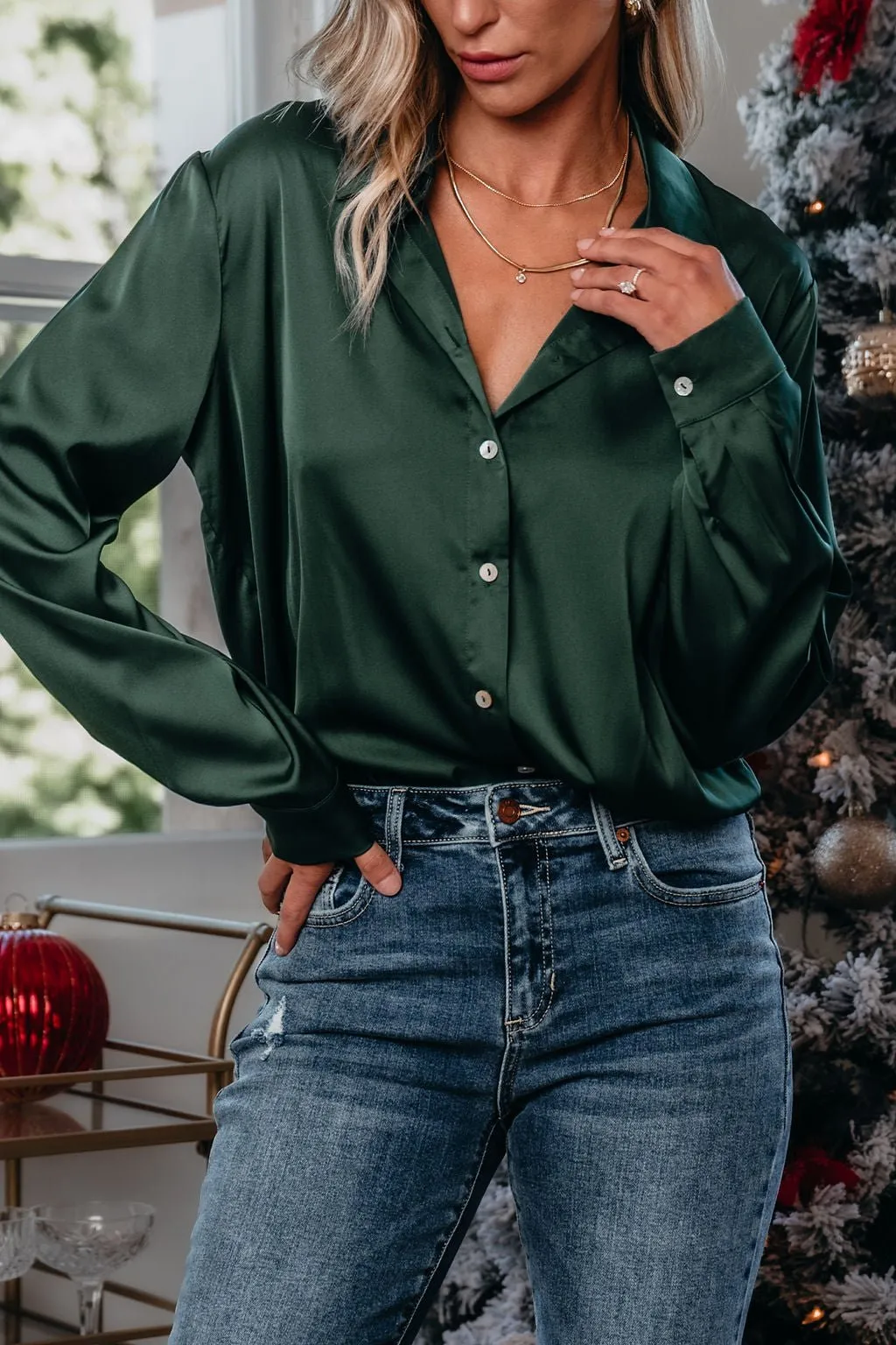 Green Satin Button Up Bodysuit