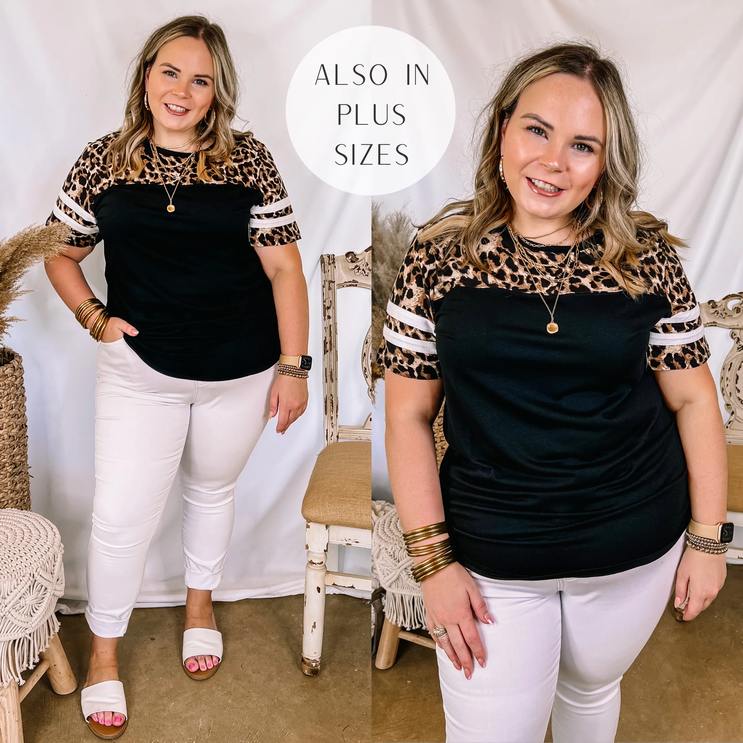 Last Chance Size Small | Surprise Me Varsity Stripe Sleeve Top with Leopard Print Upper in Black