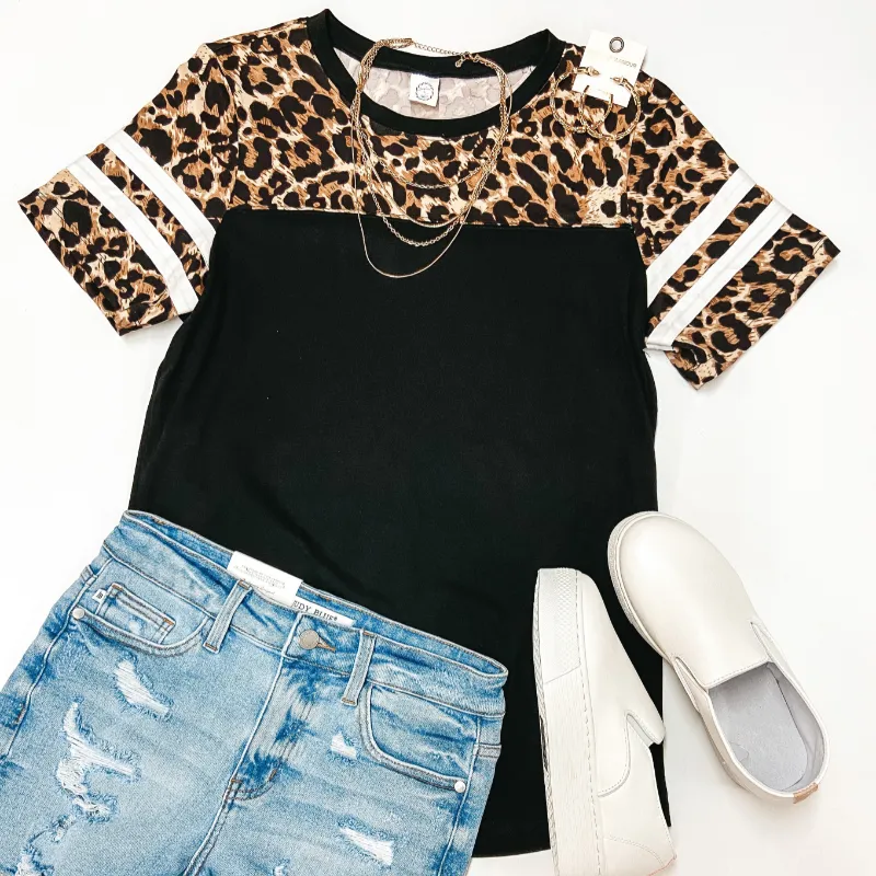 Last Chance Size Small | Surprise Me Varsity Stripe Sleeve Top with Leopard Print Upper in Black