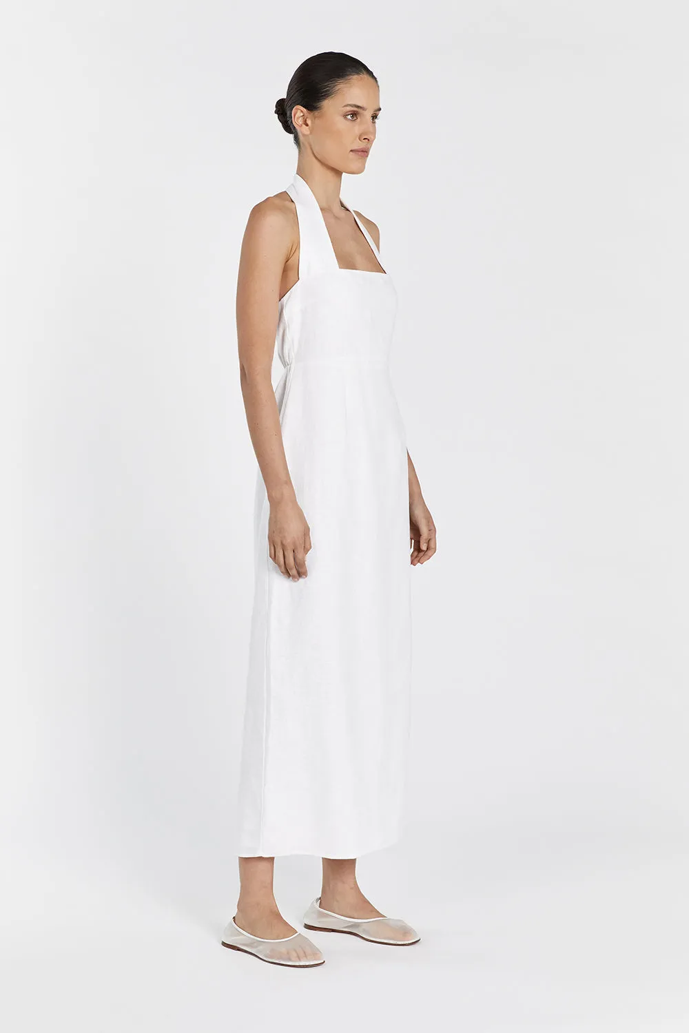 LEO WHITE HALTER LINEN MIDI DRESS