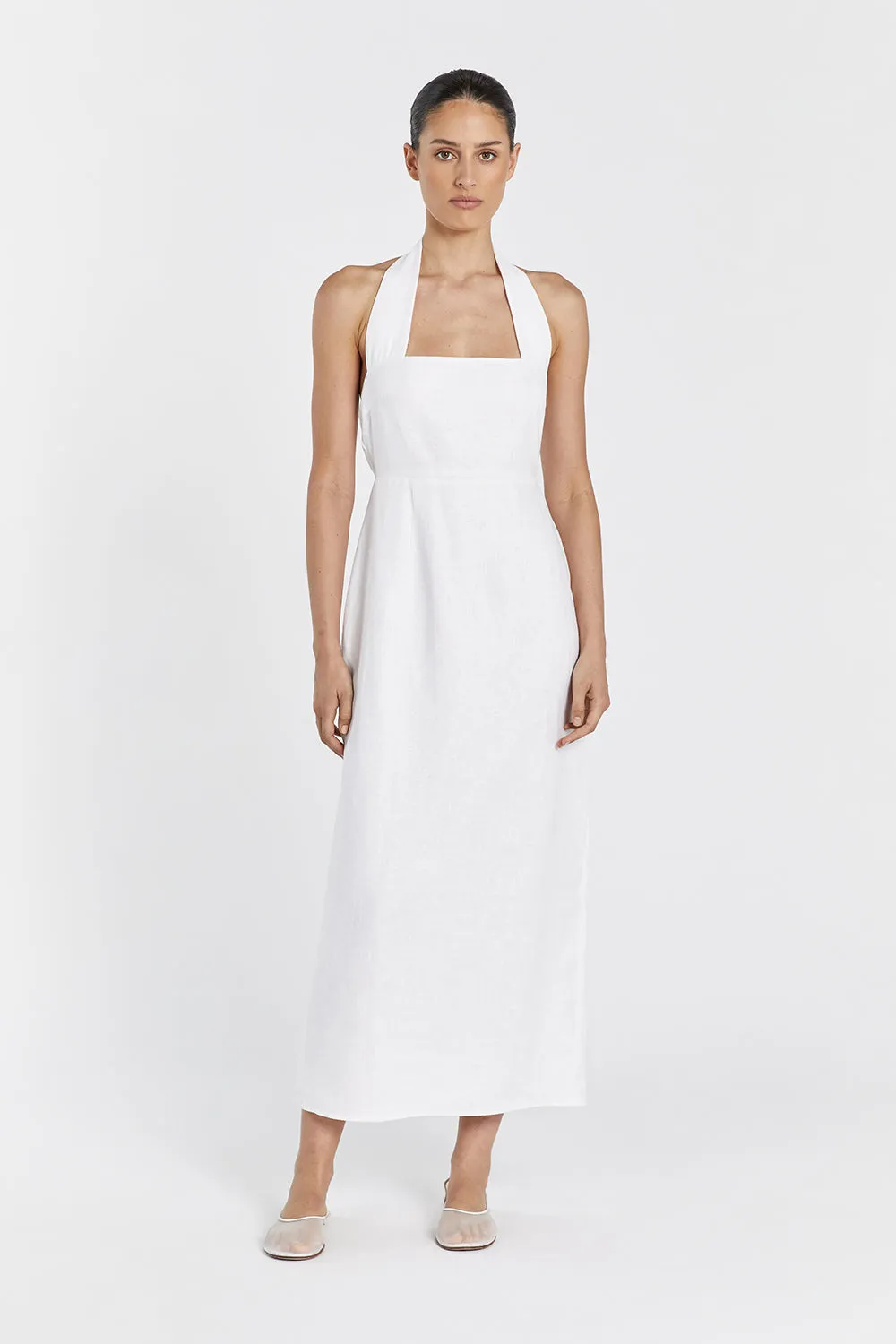 LEO WHITE HALTER LINEN MIDI DRESS