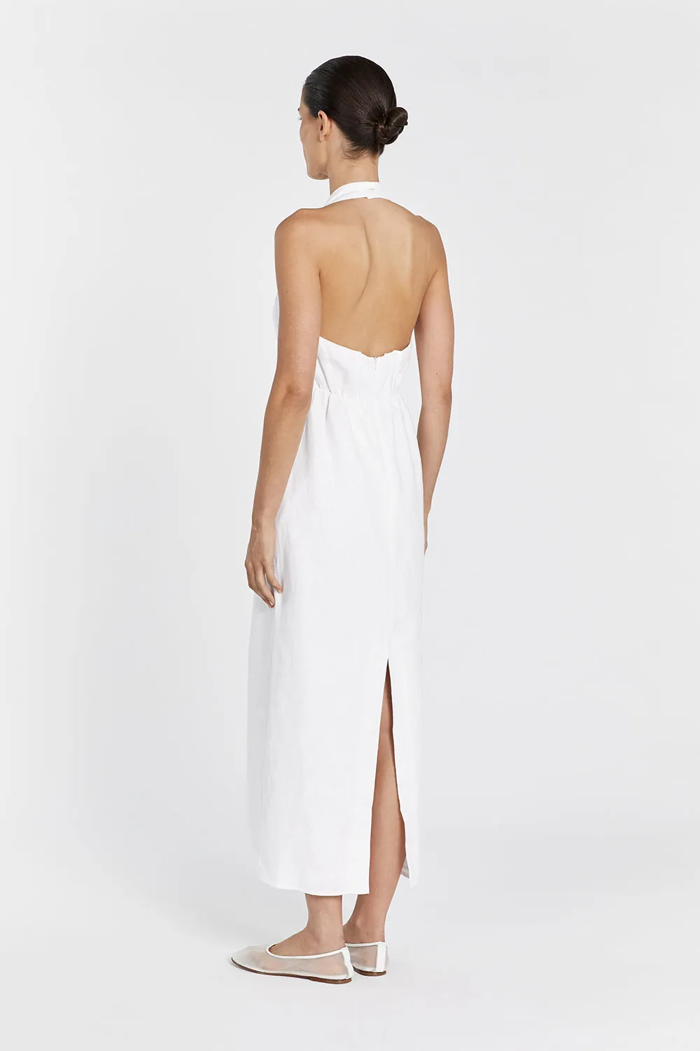 LEO WHITE HALTER LINEN MIDI DRESS