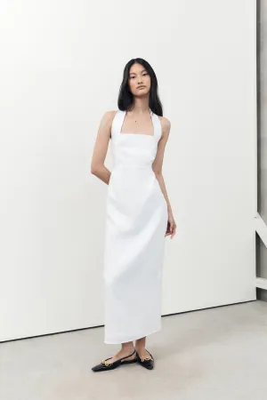 LEO WHITE HALTER LINEN MIDI DRESS