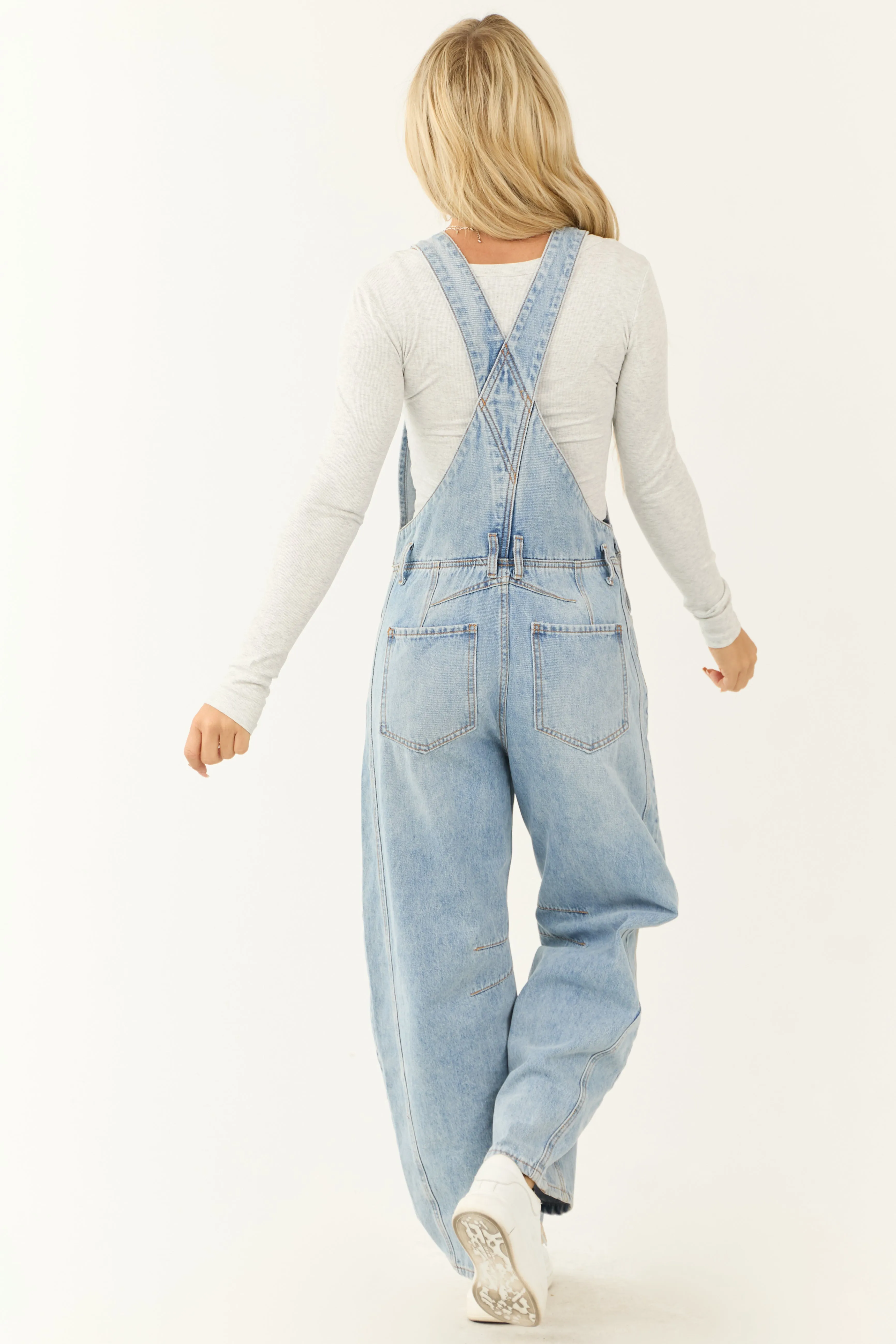 Light Wash Denim Barrel Overalls