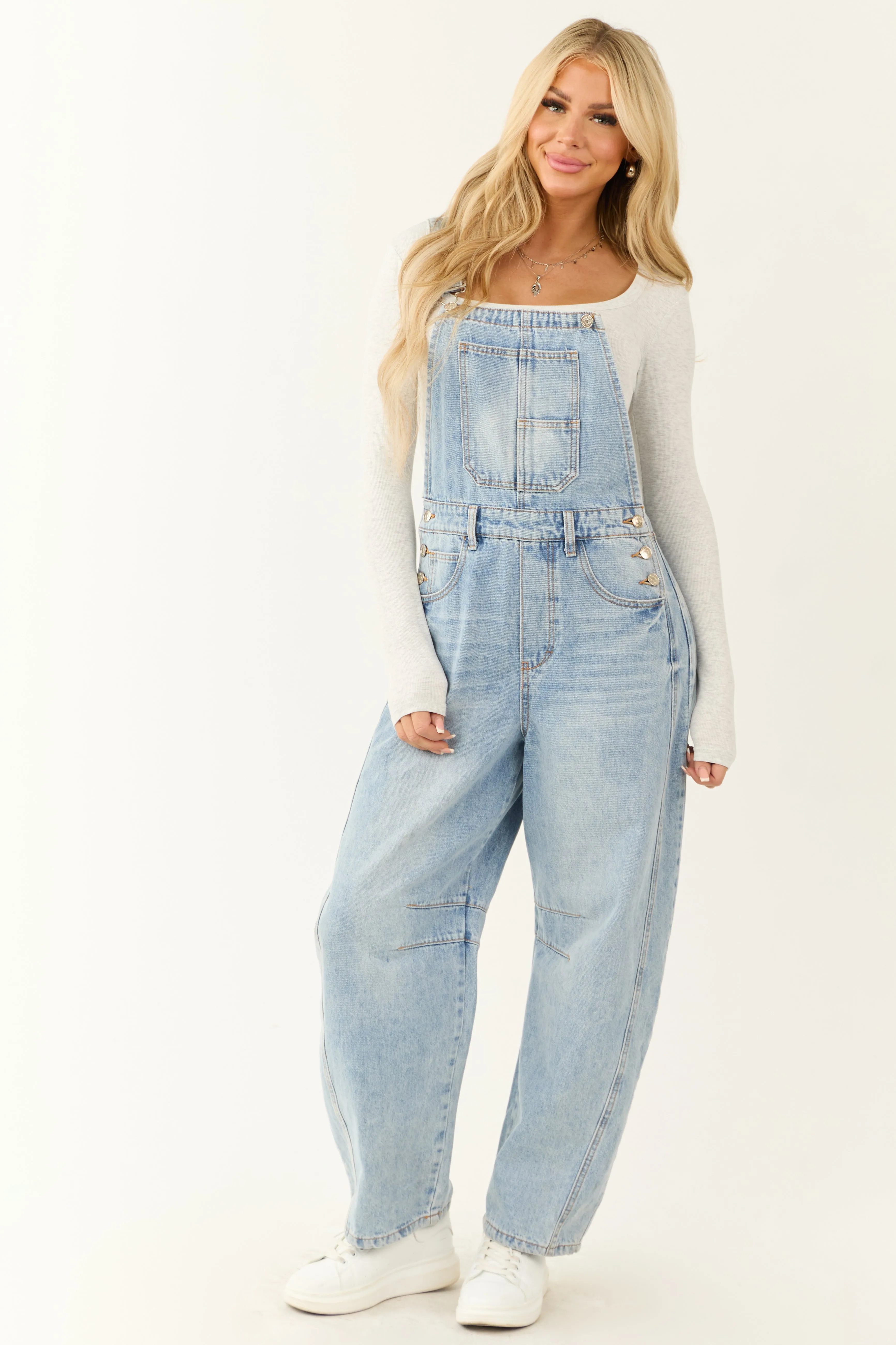 Light Wash Denim Barrel Overalls