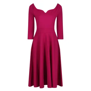 Magenta Diamond Neckline 3/4 Sleeve Vintage Swing Midi Dress