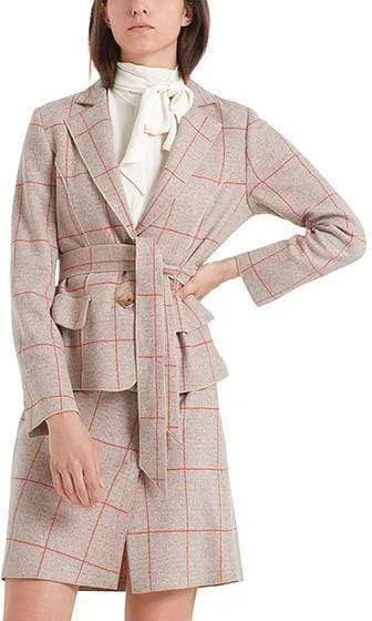 Marc Cain Collections Beige Blazer with Orange Check in Wool Jersey PC 34.32 J39 652