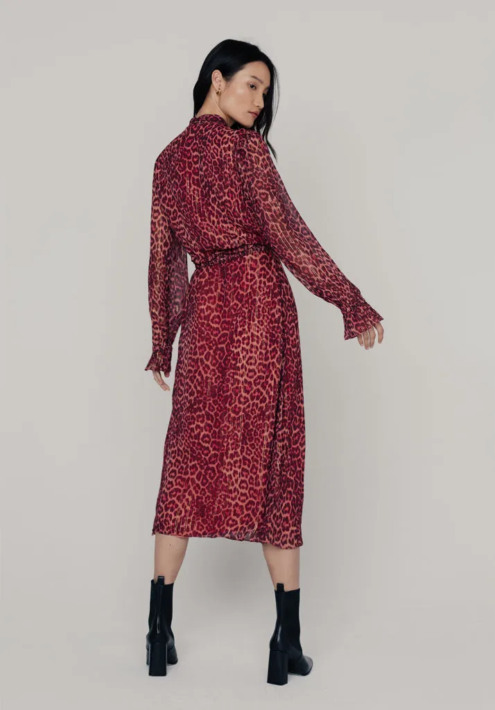 Margot Ruffle Neck Leopard Print Maxi Dress In Burgundy