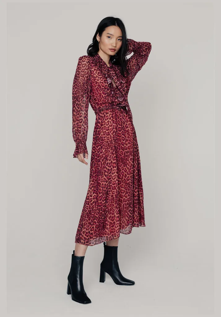 Margot Ruffle Neck Leopard Print Maxi Dress In Burgundy