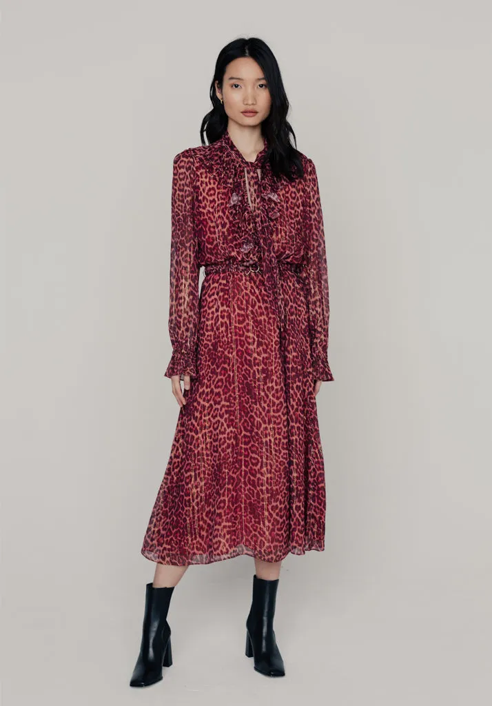 Margot Ruffle Neck Leopard Print Maxi Dress In Burgundy