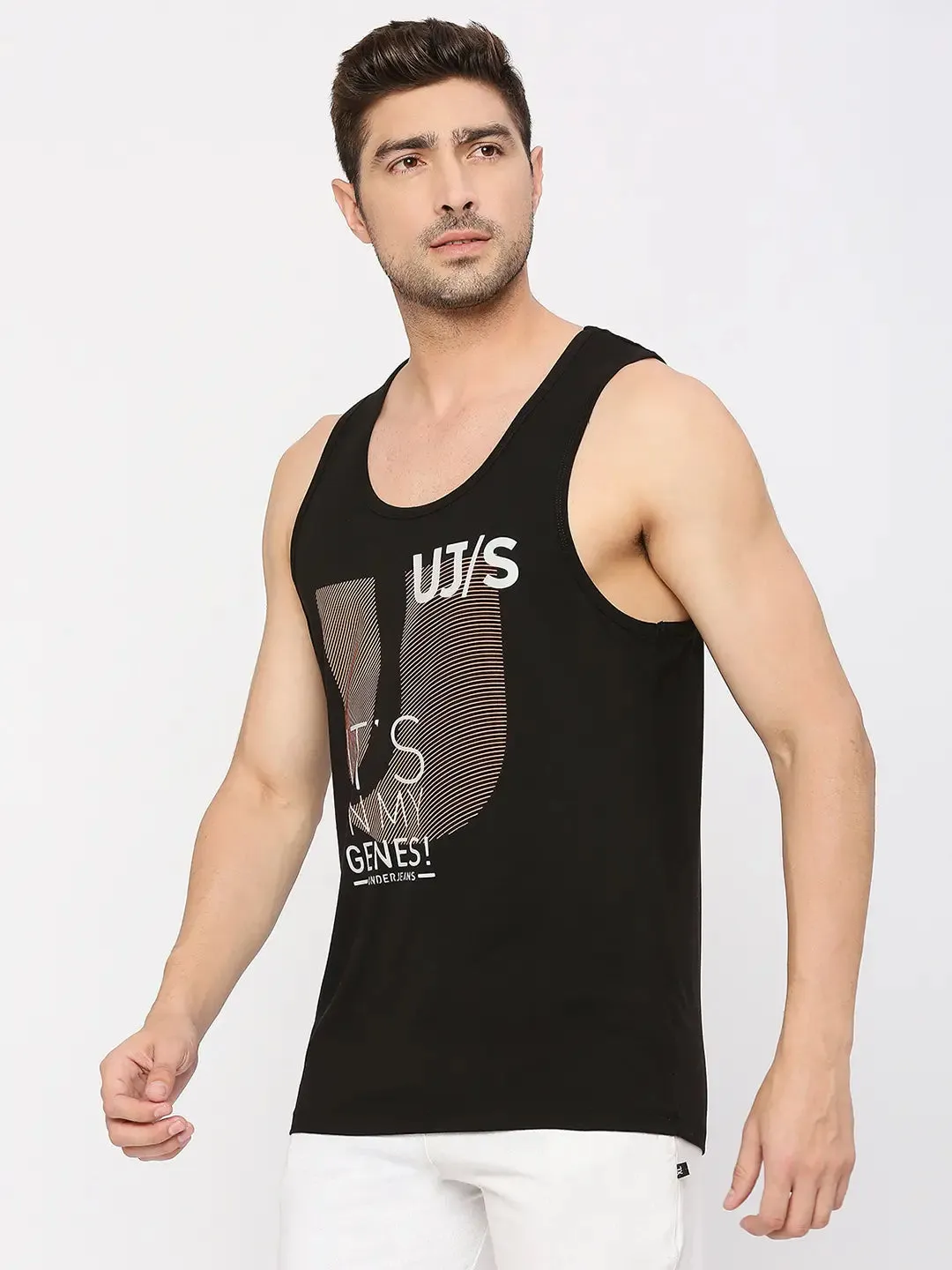 Men Premium Fashion Black Muscle Vest- Underjeans By Spykar