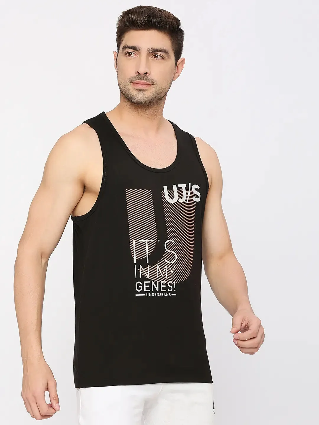 Men Premium Fashion Black Muscle Vest- Underjeans By Spykar