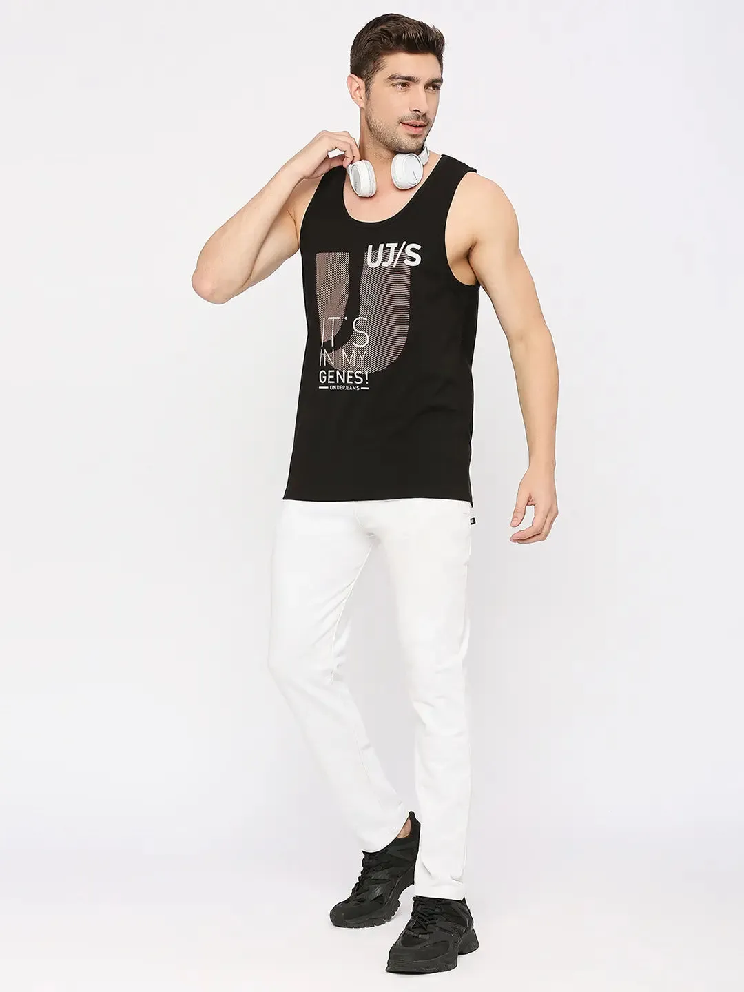 Men Premium Fashion Black Muscle Vest- Underjeans By Spykar