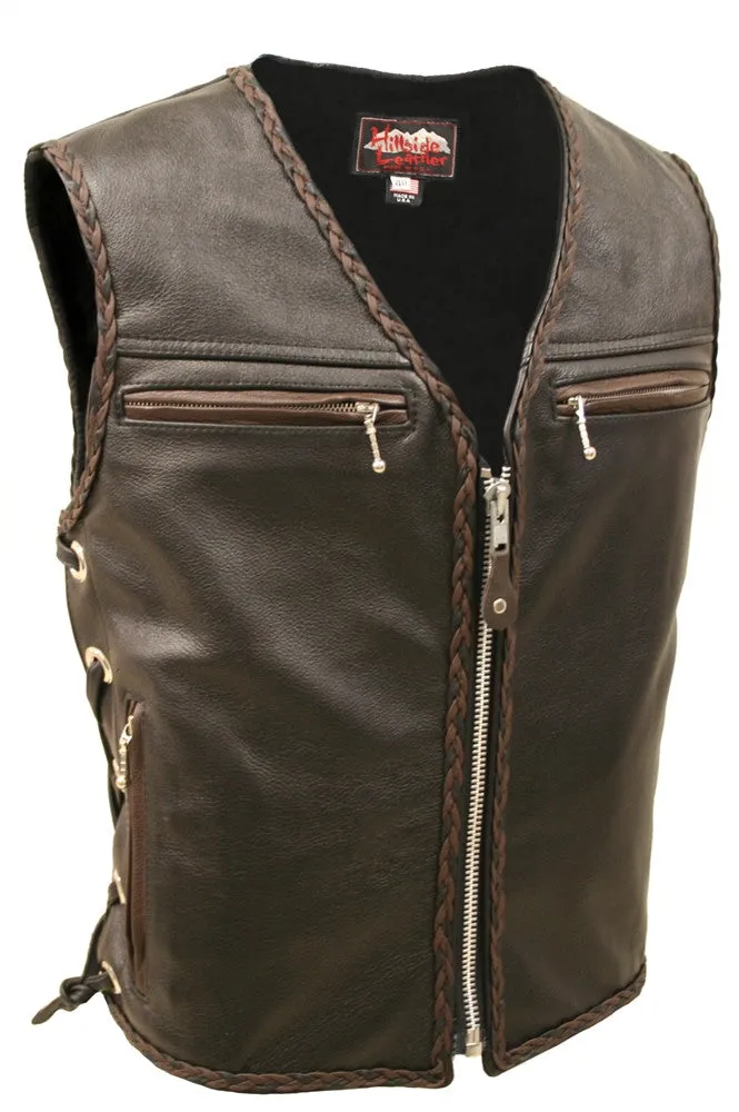 Mens Made in USA The Elite Motorcycle Leather Vest Brown and Black Braiding