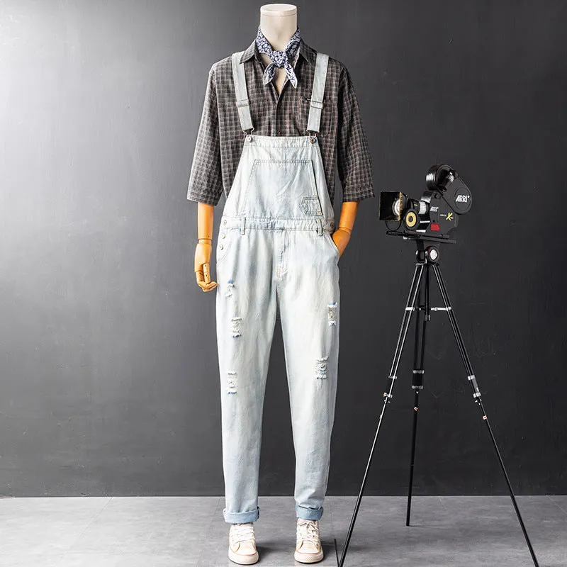 Men's Ripped Denim Bib Overalls Jeans Destroyed Jumpsuits Trousers with Adjustable Straps