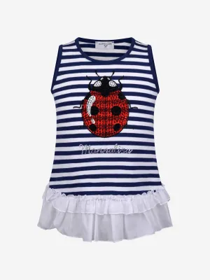 Monnalisa Girls Top - Striped Ladybug Cotton Top