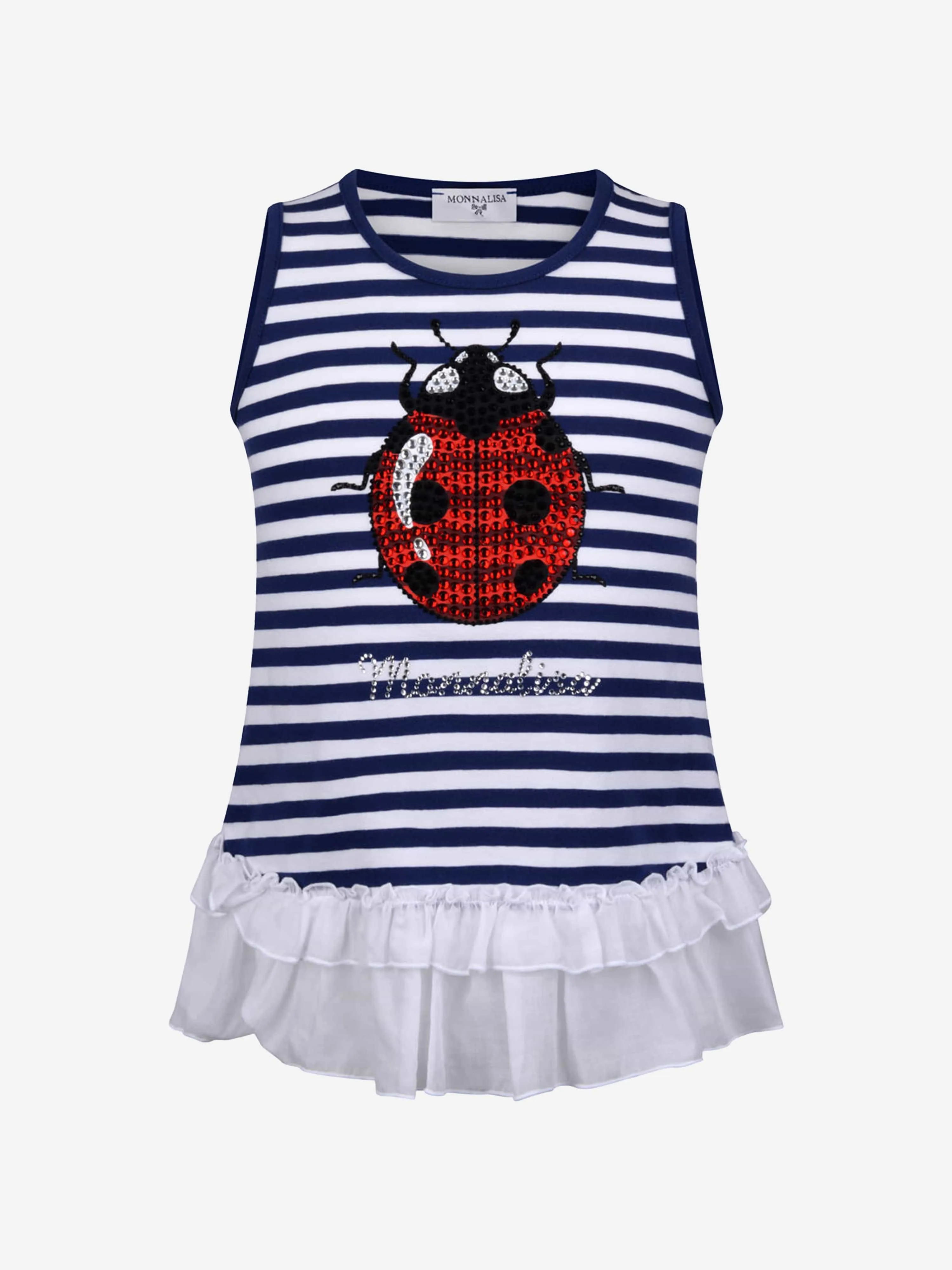 Monnalisa Girls Top - Striped Ladybug Cotton Top