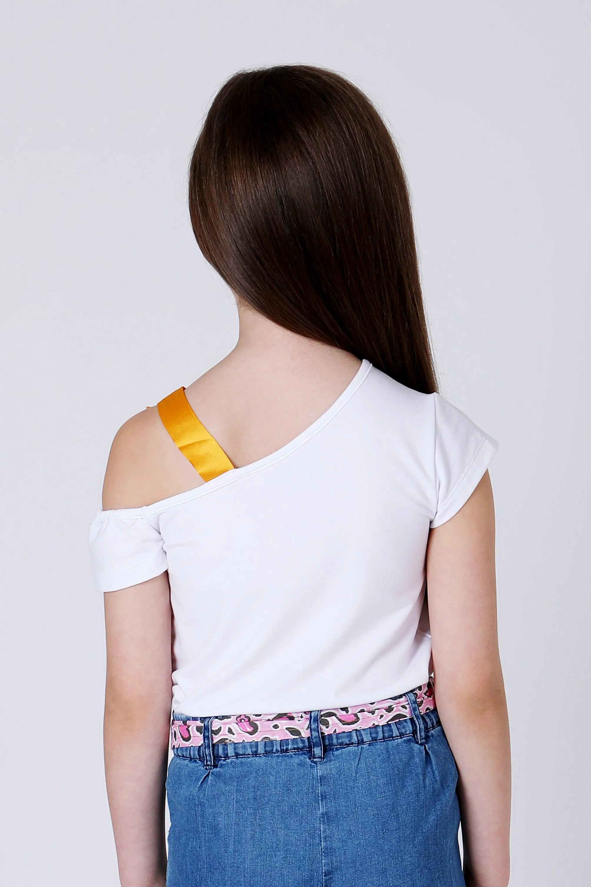 One Friday Kids Girls White Animal Printed Top with yellow Bow