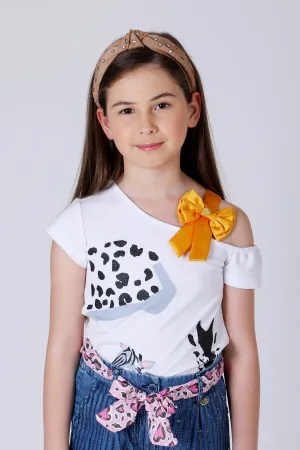 One Friday Kids Girls White Animal Printed Top with yellow Bow