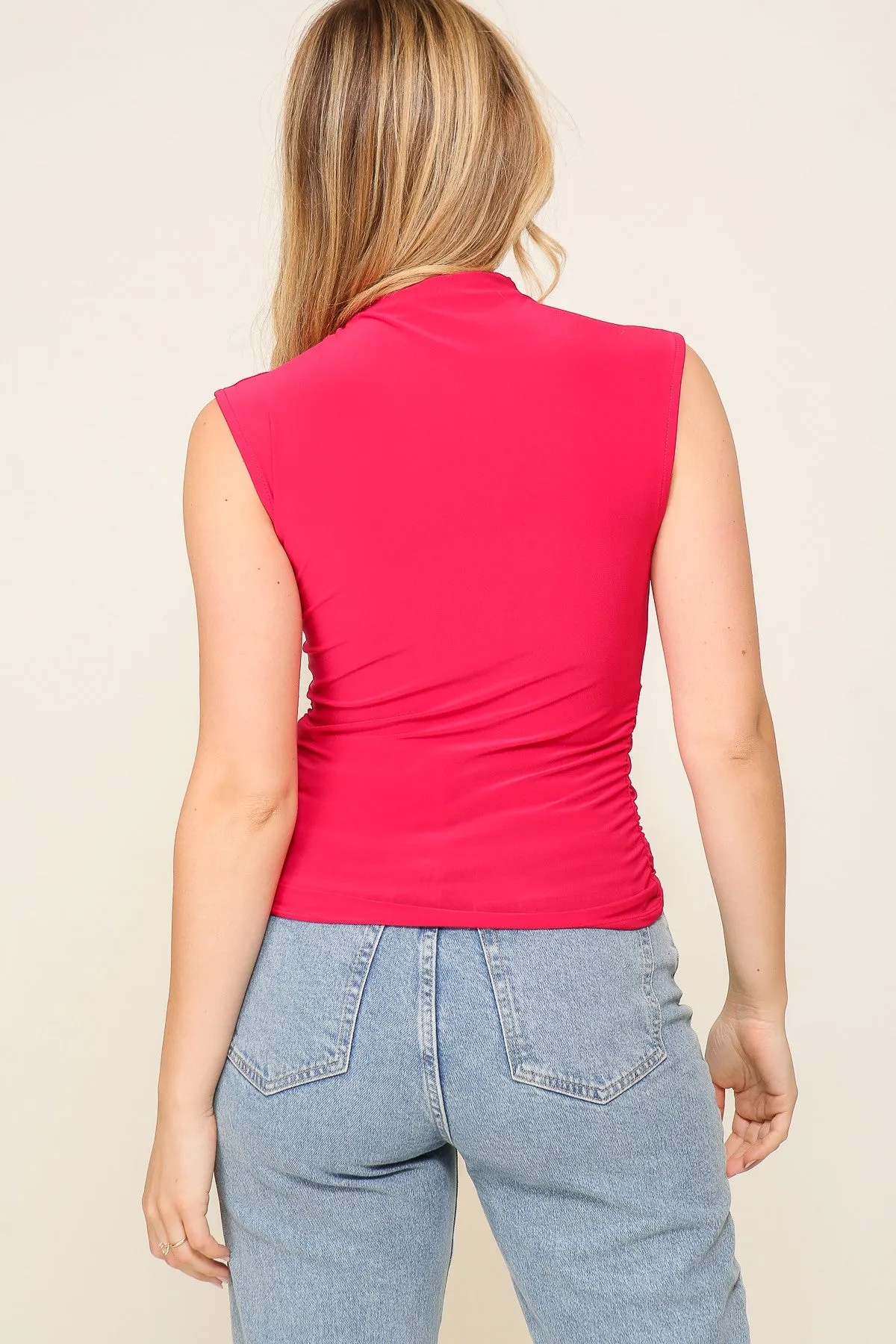 Phoebe  (fuschia high neck top with side ruched detail)