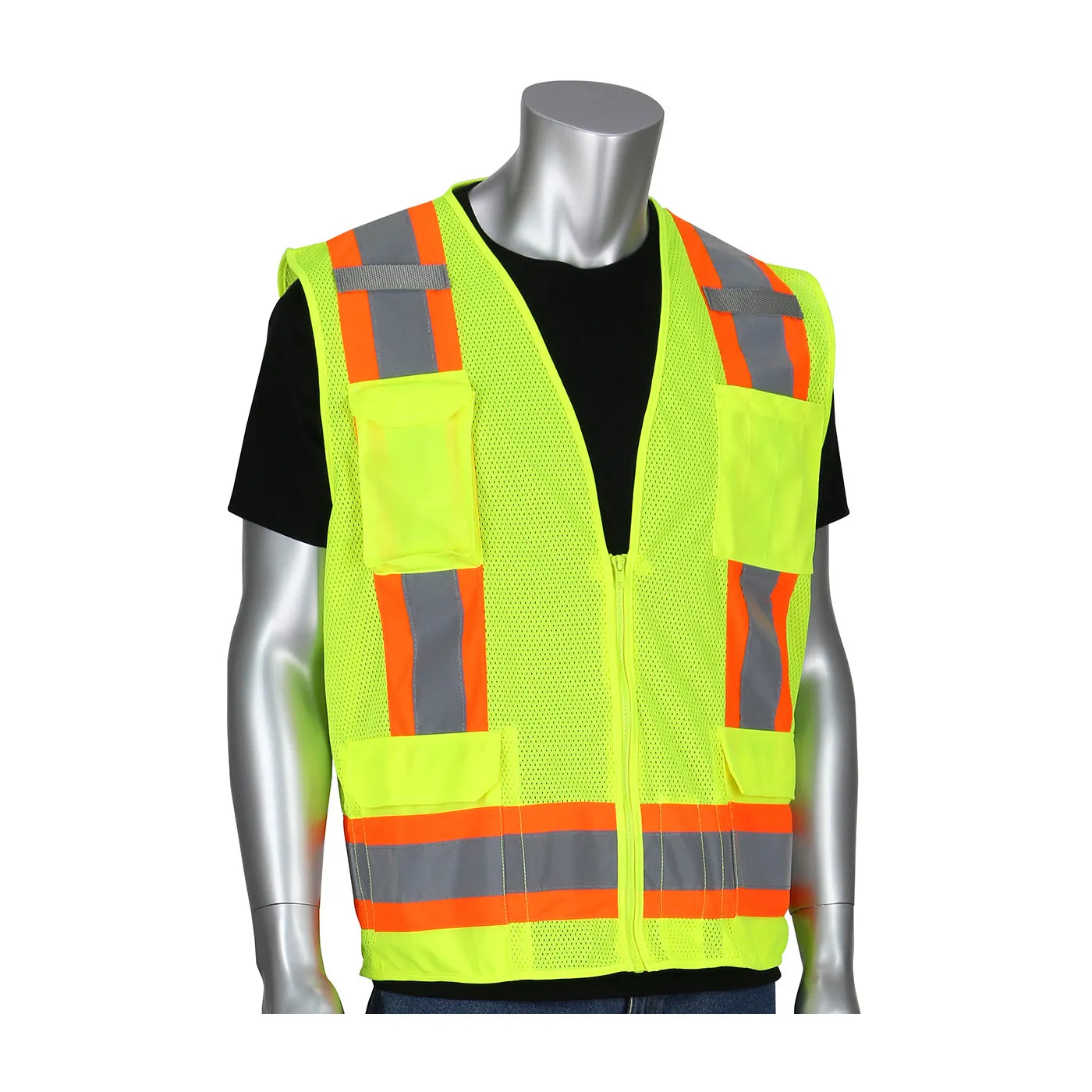 PIP ANSI Type R Class 2 Two-Tone Eleven Pocket Mesh Surveyors Vest - Yellow